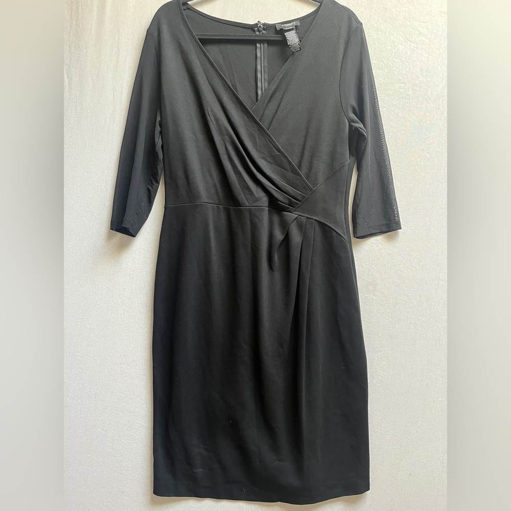 Olsen Europe Womens Size 12 Black Faux Wrap Midi Dress 3/4 Chiffon Sleeve